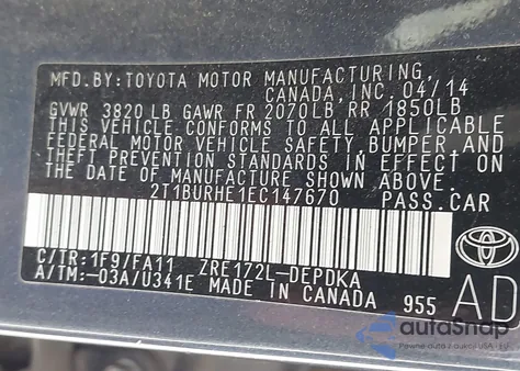 2014 Toyota Corolla L z USA, uszkodzony, nr VIN 2T1BURHE1EC147670